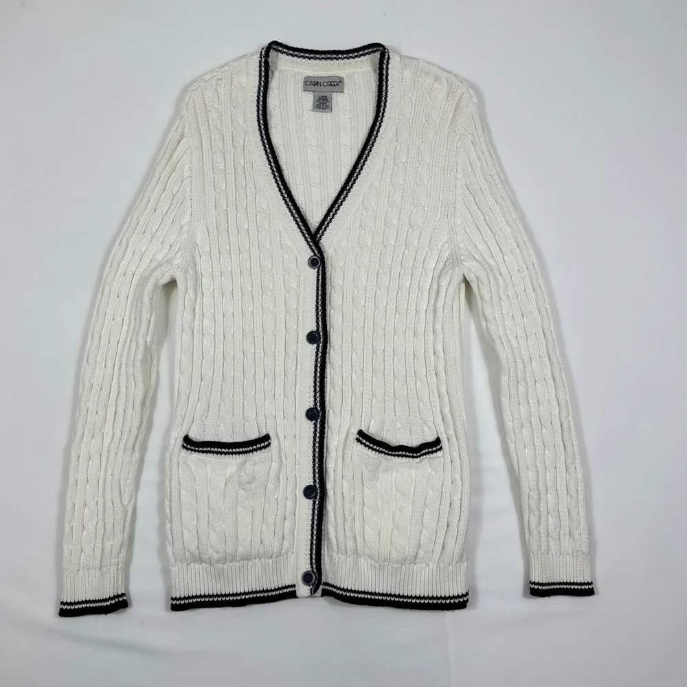 Cabin Creek White Cable Knit Cardigan Sweater Navy Blue Trim Large Cotton‎
